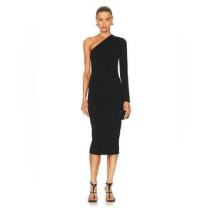 Enza Costa Angled Black Knit Jersey One-Shoulder Midi Dress